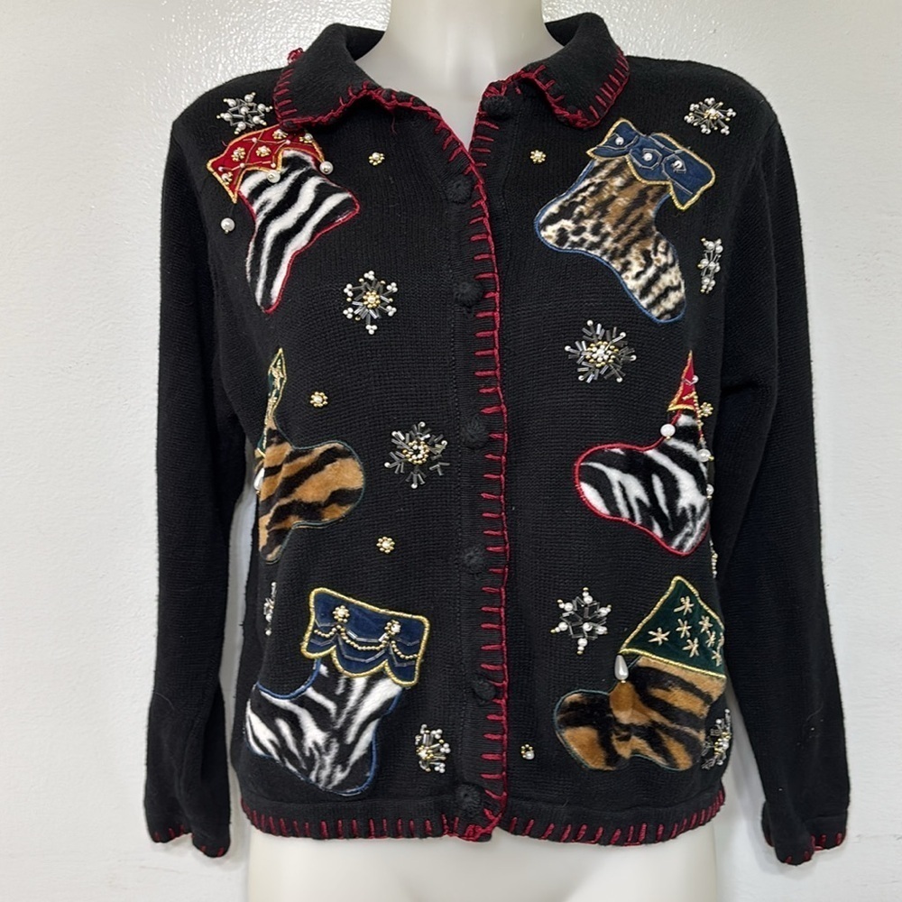 Nut Cracker Vintage Beaded Ugly Christmas Embellished Cardigan Sweater Size M